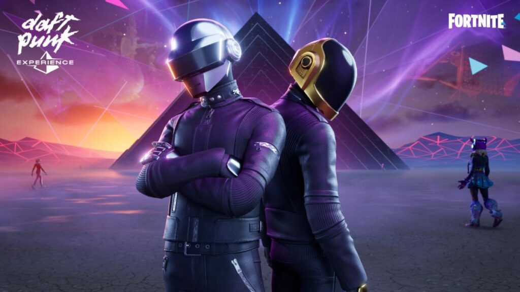 Two futuristic Daft Punk avatars stand in a glowing neon Fortnite environment, surrounded by lasers, speakers, and holographic visuals, capturing the retro-futuristic style of the new Daft Punk Experience.