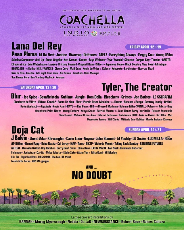 Coachella, no doubt, Tyler the creator, Lana del Rey, Doja cat